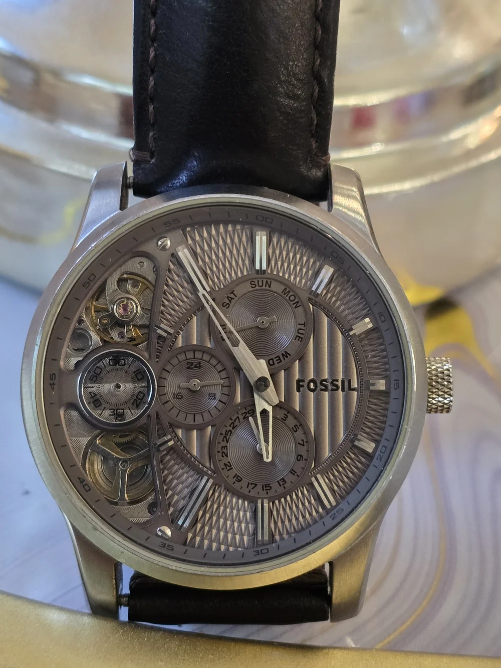 Fossil Men's Silver Dial Skeleton Automatic Watch with Brown Leather Strap